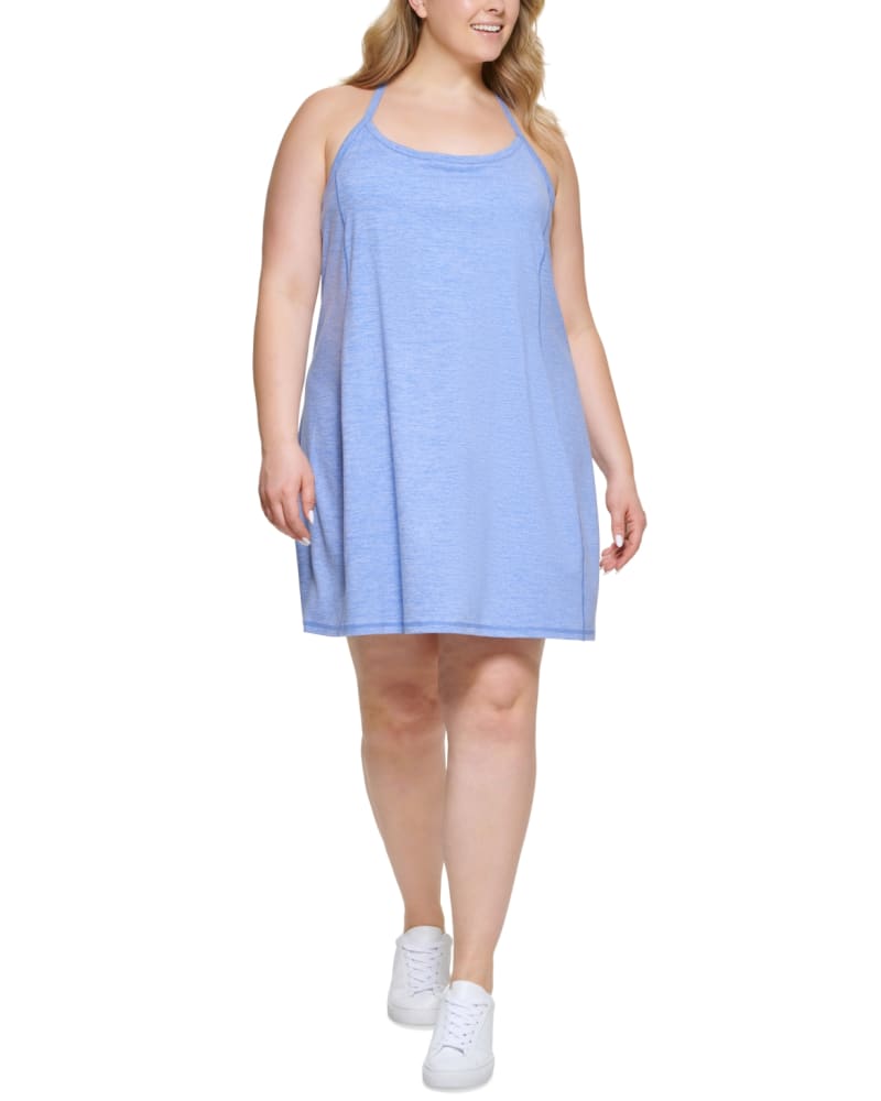 Front of a model wearing a size 3X Calvin Klein Women's Performance Plus Space Dyed Strappy Tank Dress Blue Size 3X in Blue by Calvin Klein. | dia_product_style_image_id:313186
